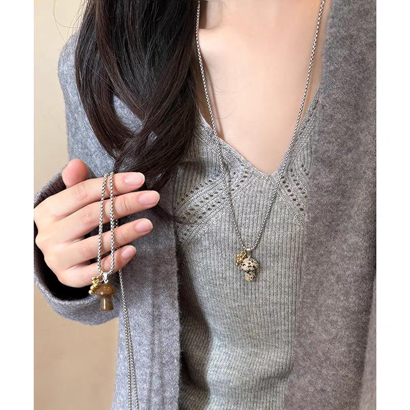 Spotted Tiger's Eye Stone Mushroom Pendant Necklace Delicate Long Clavicle Chain Sweater Chain