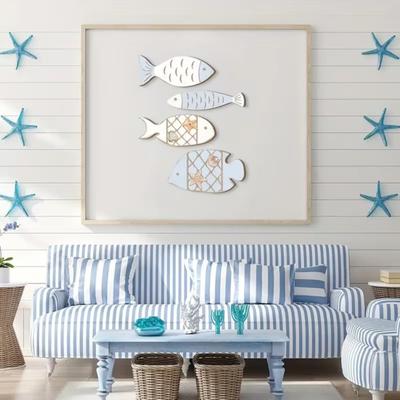 Yousheng 4 Pcs Wooden Fish Wall Decor Nautical Coastal Wood Fish Wall Art Rustic Hanging Beach Wall Sculpture for Lake House Home Bathroom Decor