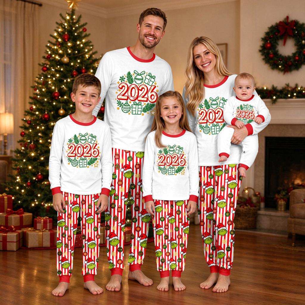 Matching Parent-Child Christmas Print Crewneck Top and Jogger Pants Set