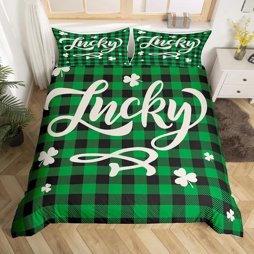St. Patrick'S Day King Full Duvet Cover Green Lucky Clover Bedding Set Happy Cartoon Gnome Quilt Cover Polyester Comforter Cover