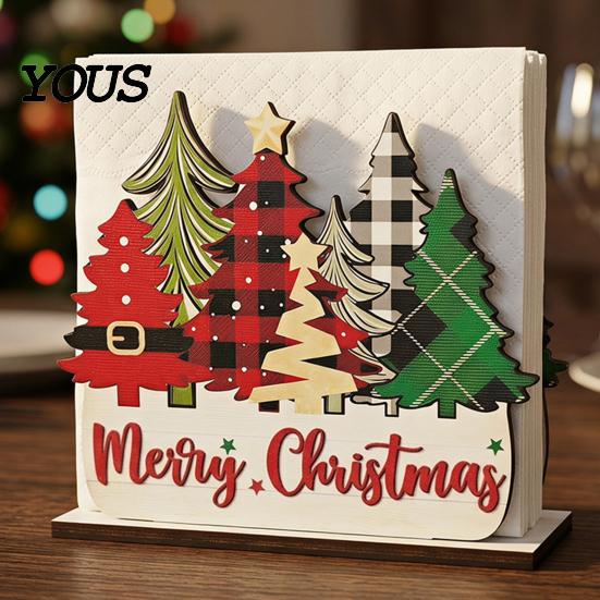 Kitchen Countertop Organizer Christmas Napkin Holder, Wooden Tissue Dispenser, Cute Santa Claus Xmas Atmosphere Decor Tree Freestanding Cocktail