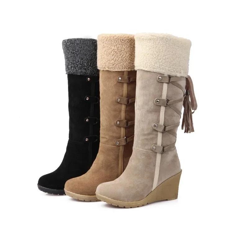 Women's High Boots 2024 Winter Fashion Lace-up Tassel Long Boots Women Platform Wedge Snow Boots Warm Cotton Boots Mujer