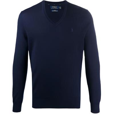 Polo Einfarbiger Pullover mit gesticktem Logo Wollpullover Herrenpullover Blau 710714347-004