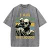 T-shirt Grafica Uomo Retro Lavata Beige Vintage Ritratto Uomo che Beve Stampa a Blocchi di Colore Strisce Oversize Uomo Casual Manica Corta
