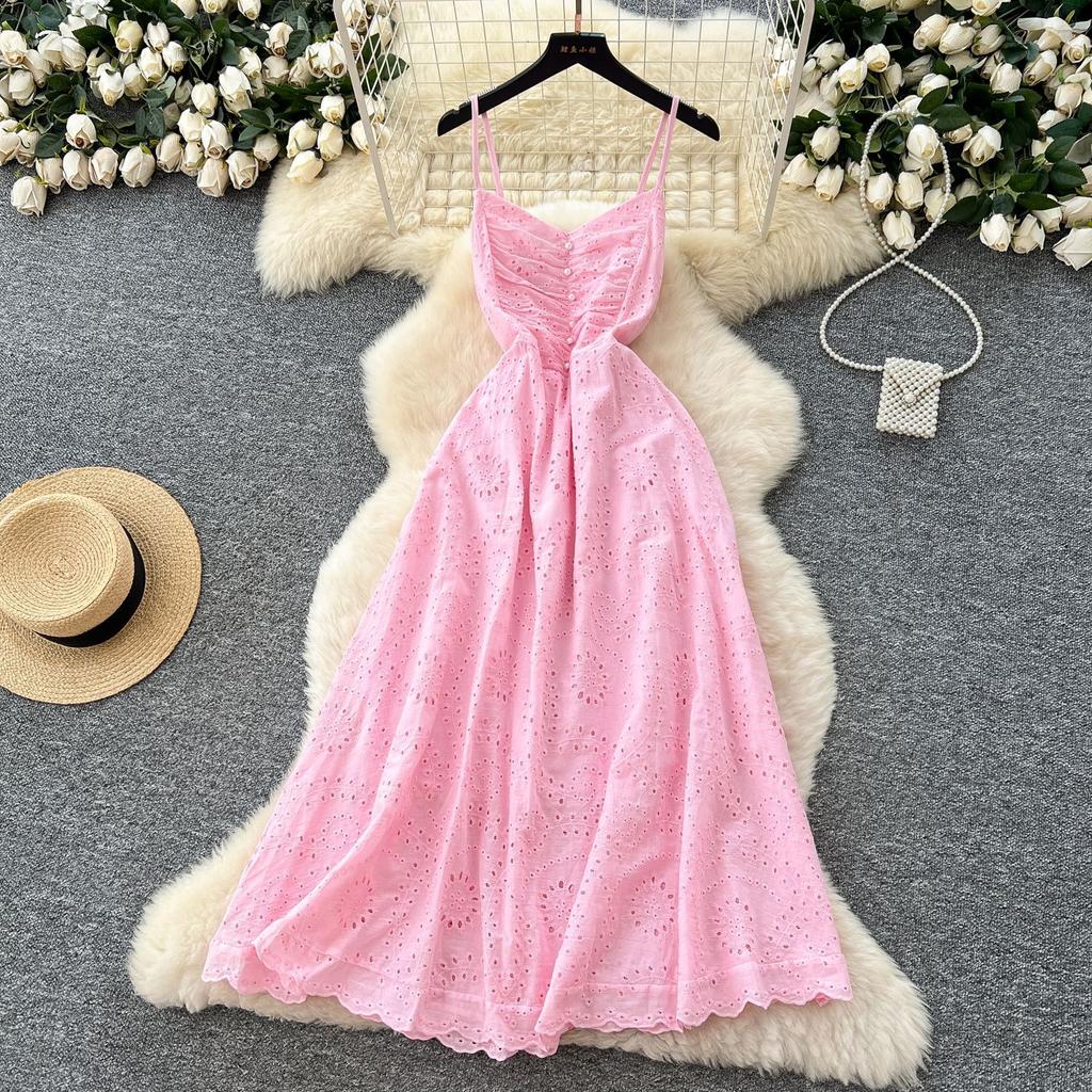 French Design Sense Heavy Industry Hollow Embroidery Waist Suspender Dress Women's Summer Thin Temperament Holiday Style Long Dress
