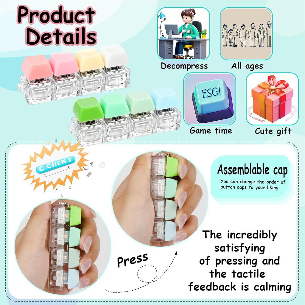 Tastatur Fidget Spielzeug 4-in-1 Tastatur Dekompressionsknopf Finger Clicker Spielzeug, Knopf Stressabbau Schlüsselanhänger Fidget Geschenke