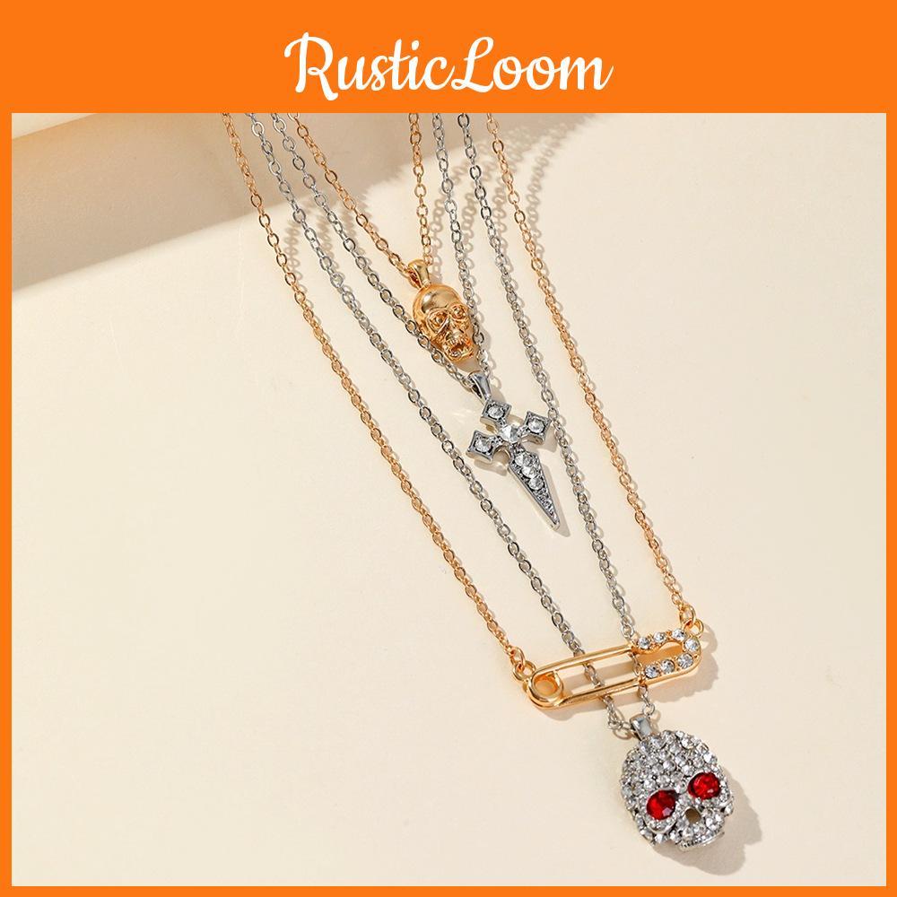 Halloween Skull Cross Pendant Necklace With Water Diamond And Water Wave Chain For Women