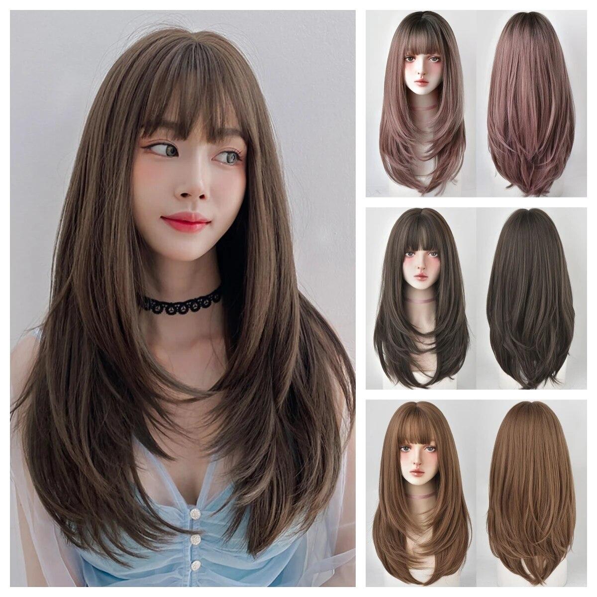 

Парик 65 см, длинные прямые волосы, женский внутренний парик с воздушной челкой, синтетический парик, популярный повседневный парик для вечеринок