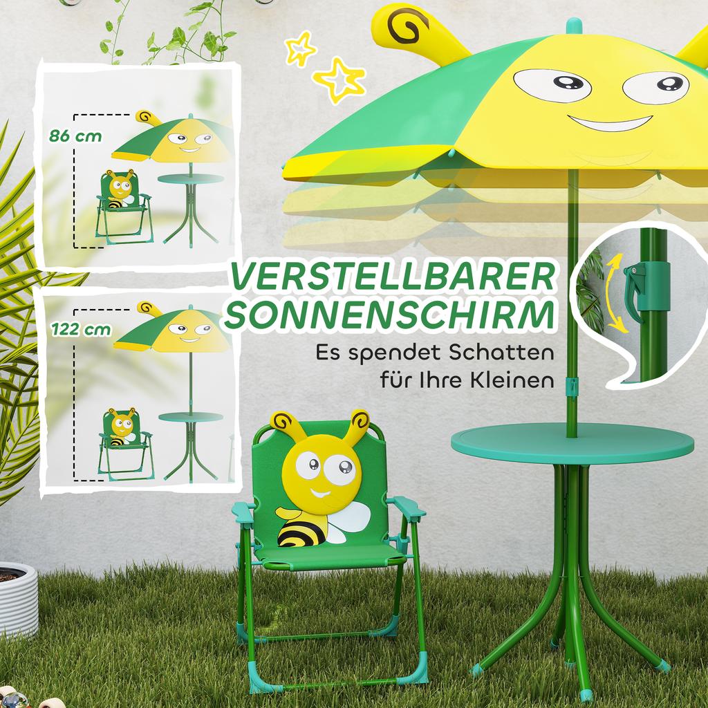 Garden Furniture Set for Children, Chairs, Table, Parasol, Bee Design, Green+Yellow