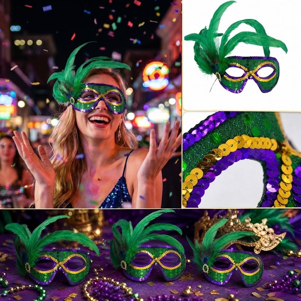 Women's Half Face Masquerade with Sequins and Feathers - Peacock Three Color Design for