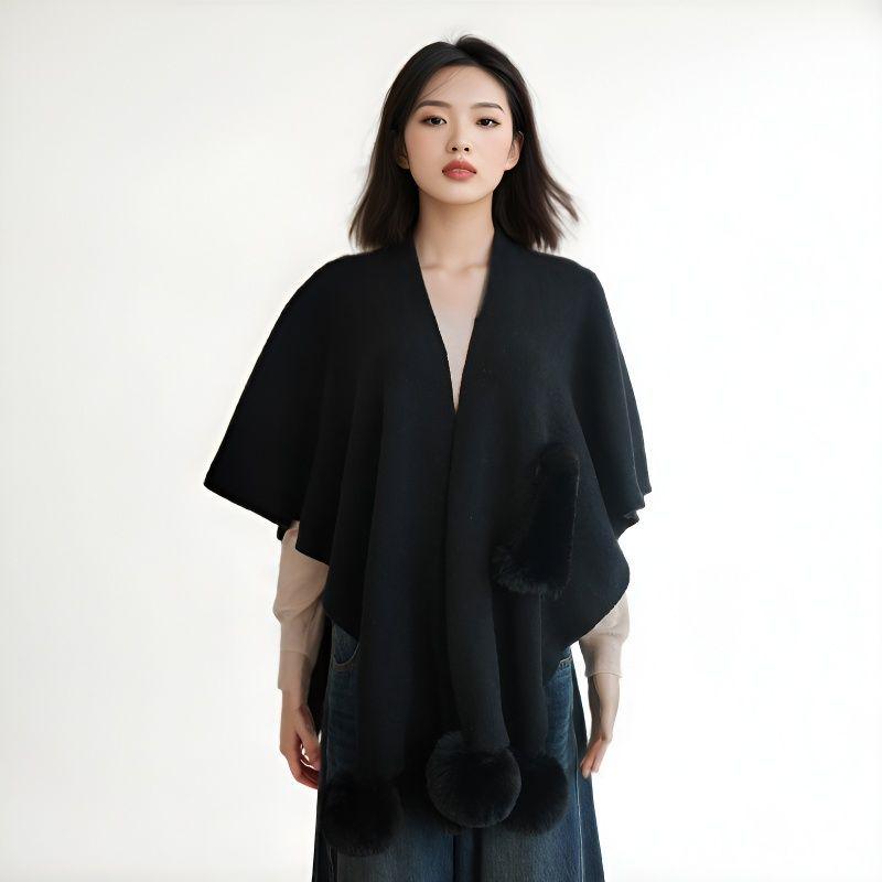 

European and American Fur Collar Knitted Pom-Pom Cardigan Shawl 150*90 cm чорний