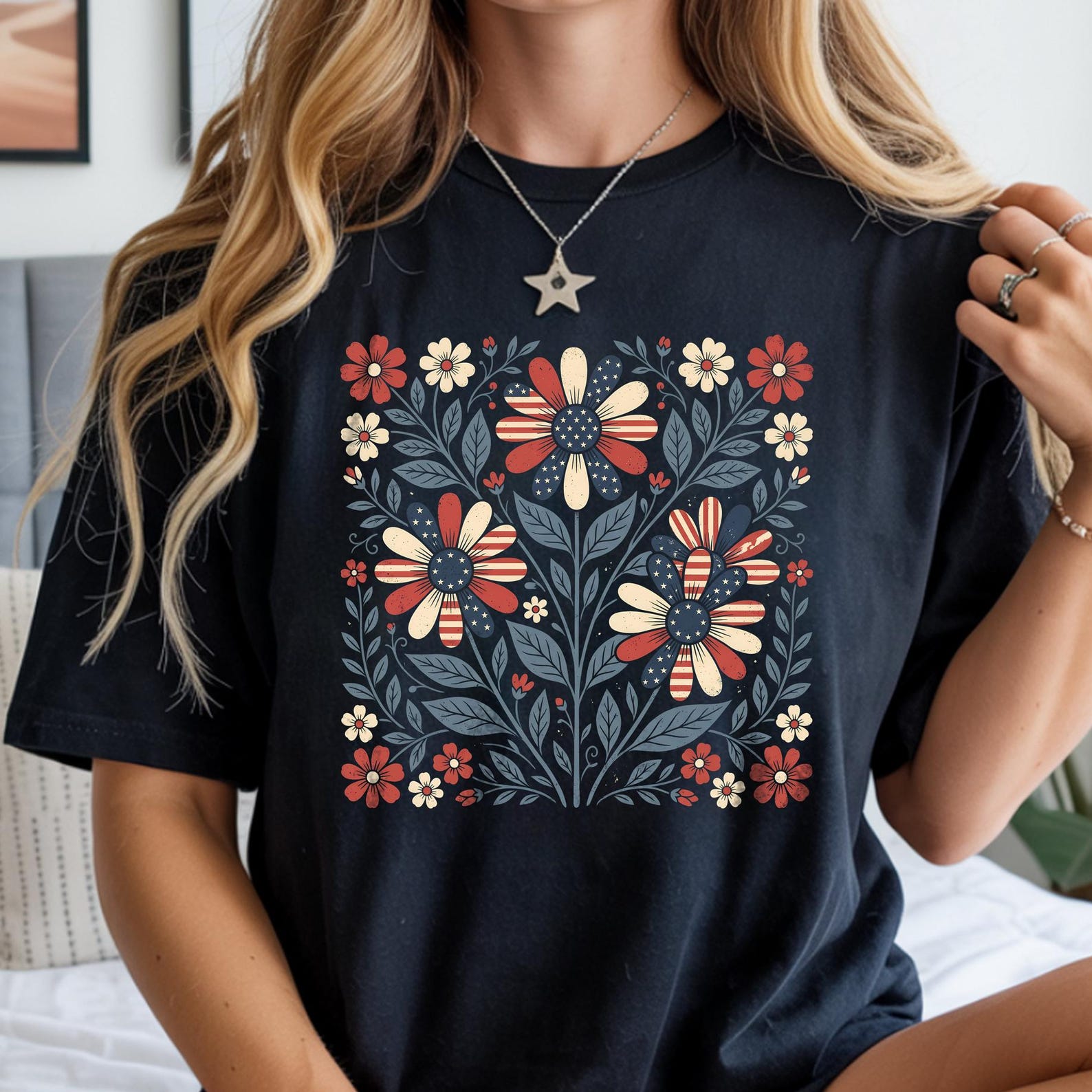 250 Years Of Freedom Floral Shirt, Floral Summer Top, Subtle USA Anniversary T-Shirt, Minimalistic Patriotic Tee L