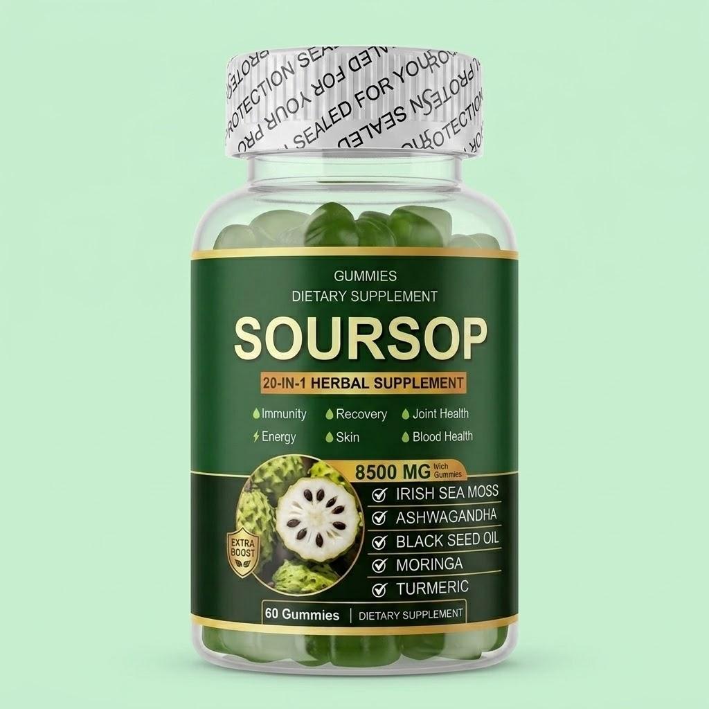 Gomitas de Guanábana 8500mg – Mezcla Herbal 20 en 1 con Musgo Marino y Ashwagandha (60 gomitas) 1pack