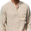 Chemise en Coton et Lin pour Homme à Manches Longues et Col Mao avec Poche sur la Poitrine Couleur Unie Chemise Décontractée de Vacances pour Voyage Été Plage Vacances Usage Quotidien