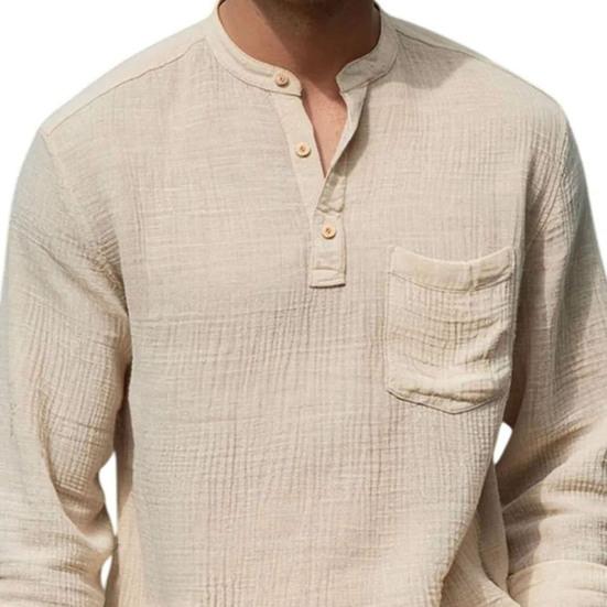 Chemise en Coton et Lin pour Homme à Manches Longues et Col Mao avec Poche sur la Poitrine Couleur Unie Chemise Décontractée de Vacances pour Voyage Été Plage Vacances Usage Quotidien