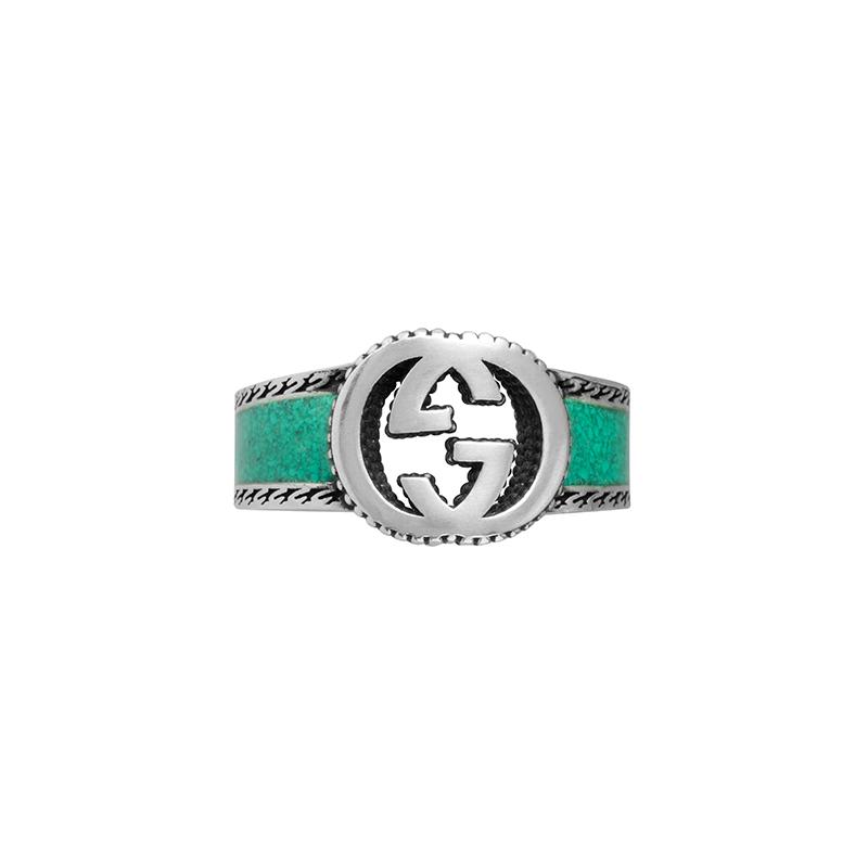 Gucci ring Double G Series Interlocking Double G Silver Jewelry Shiny 925 Silver Sapphire Green/Silver 11 серебряный