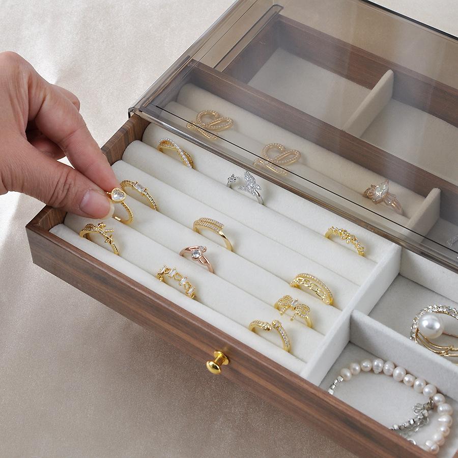 Three-layer jewelry box, high-end multi-layer walnut color ring and necklace storage box, display jewelry box, jewelry
