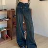Women's American Retro Denim Jeans for Spring Autumn with Design Sense High Street Loose Slimming High Waist Straight Leg Wide Leg Floor-length Pants