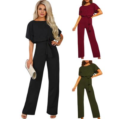 Women Jumpsuit with Lace-up Belt Wide Leg Short Sleeves Pure Color O Neck