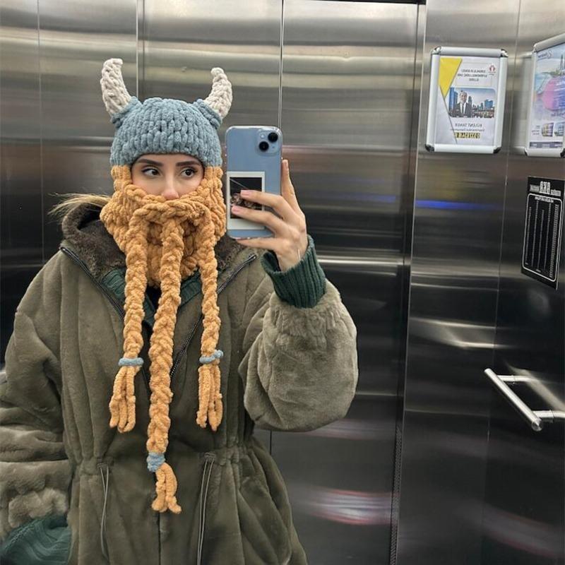 Halloween chapéu de chifre engraçado máscara de barba grande capuz fio de lã grosso engrossado quente outono e inverno pulôver de malha