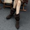 Fashion Vintage Pointed Toe Pleated Woman Western Cowboy Boots Fashion Slip On Thick Heel Knight Booties