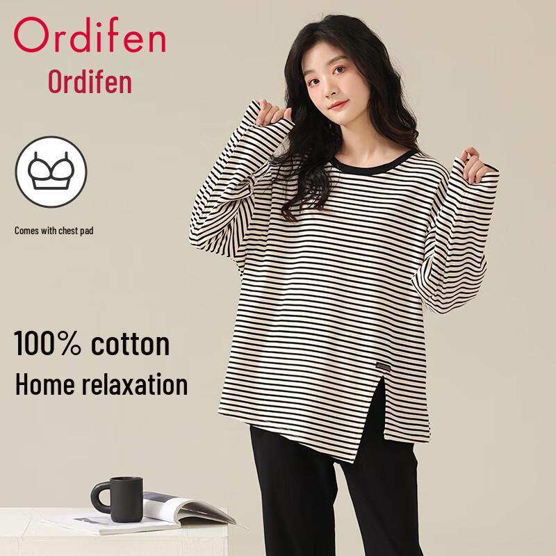 Oudifen Women s 100% Cotton Striped Long Sleeve Pajama Set XL