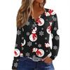 Damen T-Shirt mit Weihnachtsdruck, Knopfleiste, lange Ärmel, für den Alltag, Wochenende, modisch, Basic, V-Ausschnitt, normales Oberteil