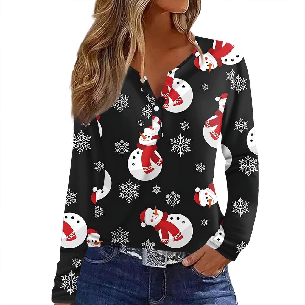 Damen T-Shirt mit Weihnachtsdruck, Knopfleiste, lange Ärmel, für den Alltag, Wochenende, modisch, Basic, V-Ausschnitt, normales Oberteil