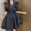 French Style Elegant V-Neck Mini Dress Stylish Ruffles Patchwork Summer Basic A-Line Waist Drawstring Dresses