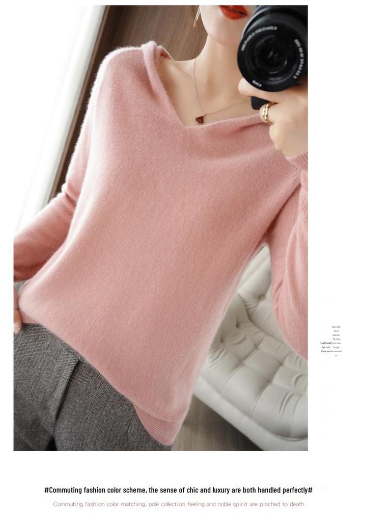 2026 Women's Solid Color Pure Wool Hooded Knit Sweater – Autumn/Winter Cashmere Base Layer Hoodie.