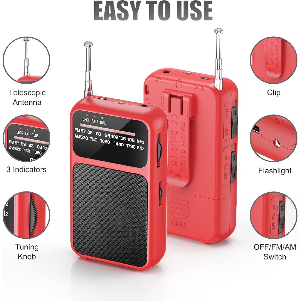 Taschenradio AM FM USB-C-Aufladung & Batteriebetrieben, Ausgezeichneter Empfang & Klarer Lautsprecher und Kopfhöreranschluss, Rückclip, Taschenlampe, Transistorradio