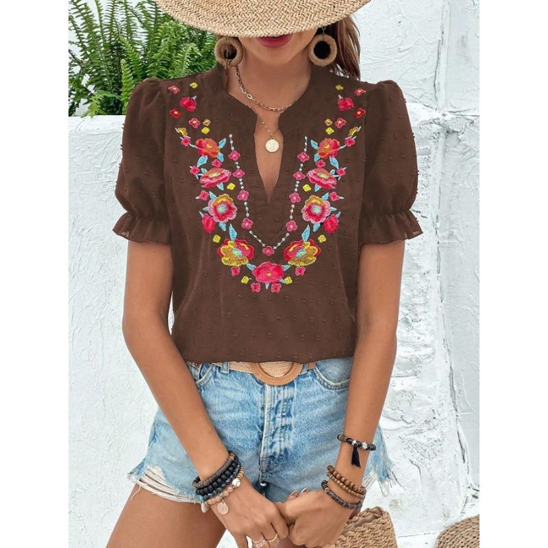 

Женская весенне-летняя новая шифоновая рубашка с V-образным вырезом и цветочной вышивкой с короткими рукавами L коричневый