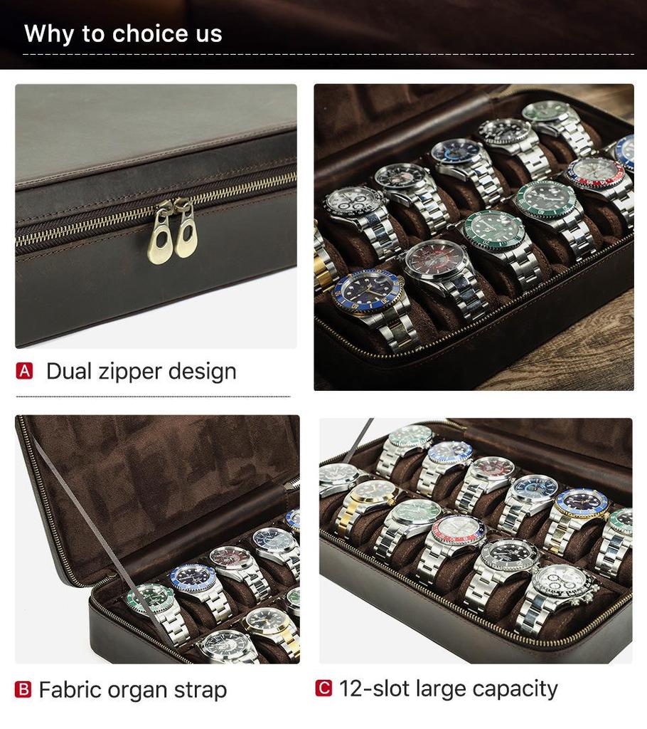 Handmade Crazy Horse Leather 12-Slot Watch Storage Box