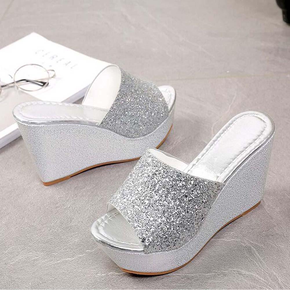 Women Summer Casual High Heel Wedge Skid Slippers Bling Flip Flops Shoes