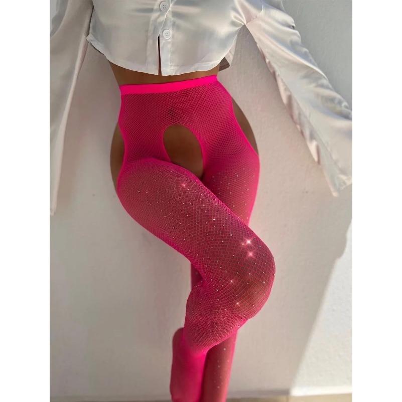 Sexy Erotic Lingerie Stockings Women Rhinestone Fishnet Open Crotch Mesh Tight High Pantyhose Party Club Sexy Stockings New