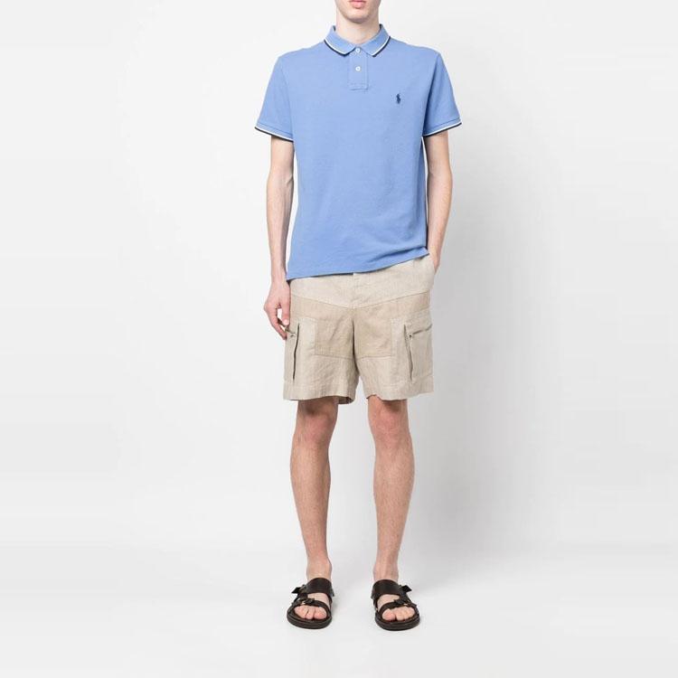 Polo Ralph Lauren Solid Color Small Logo Embroidered Striped Trim Short Sleeve Polo Shirt Men tops Blue 710842621-006