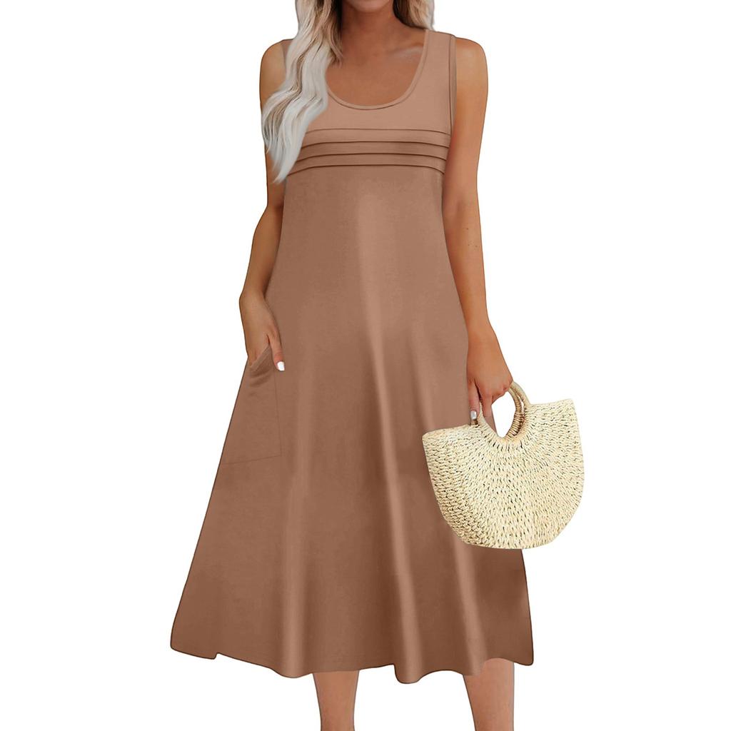 Women's Fashion Round Neck Sleeveless Pleated Beach Dress With Pockets Long Solid Color Dresses