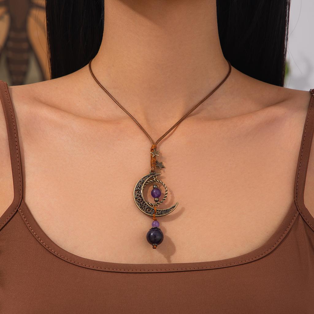 Fashion Ethnic Style Hollow Moon Fringed Necklace, Retro Temperament Round Bead Long Collarbone Chain Woman