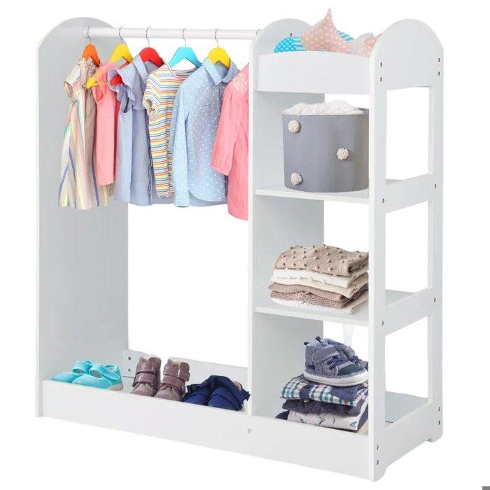 GINGER HOME – Children's Coat Rack with Mirror, Open Wardrobe with Shelves and Rod, White, 94×38×100 Cm