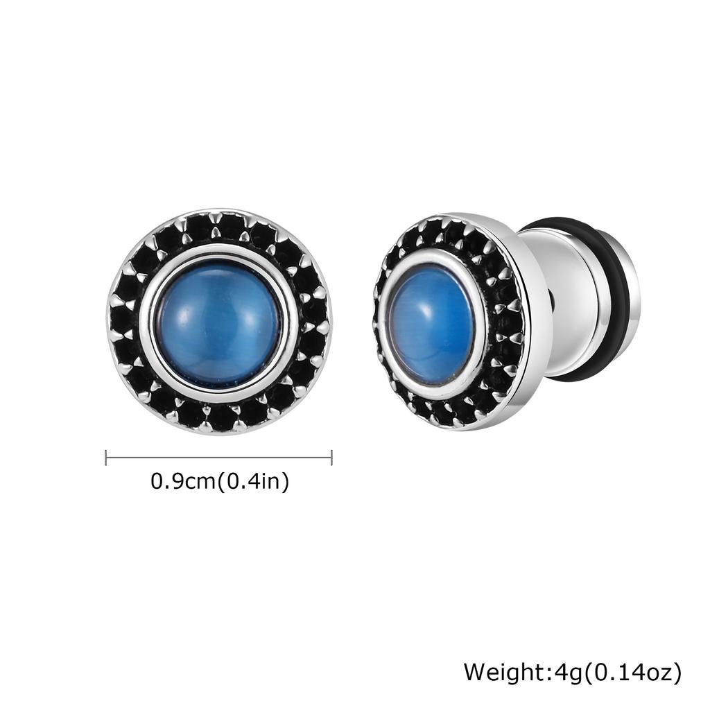 New Natural Stone Men's Small Round Stud Earrings,Simple Stainless Steel Metal Stud Earrings,Hip Hop Cool Jewelry Gift