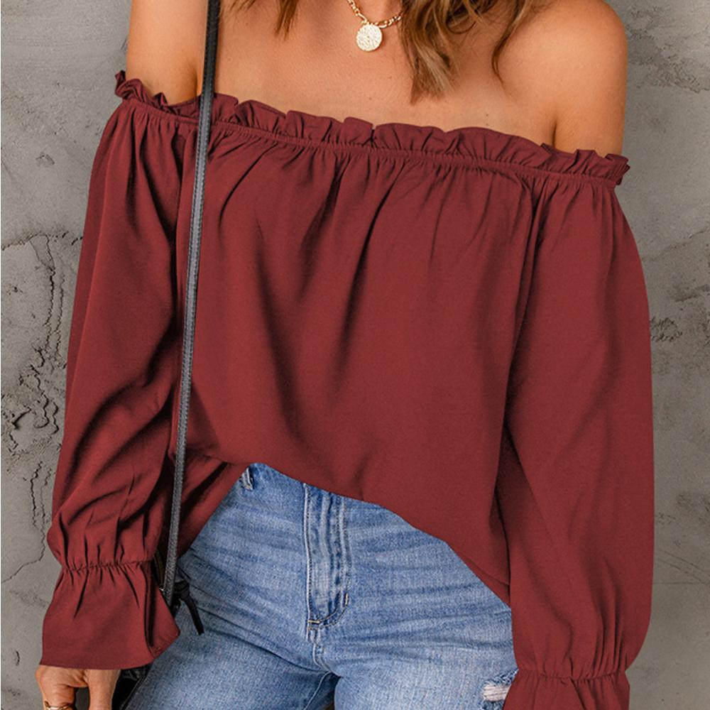 Women's One-line Neck Chiffon Shirt Spring and Autumn Solid Color Pullover Sexy Off-the-shoulder T-shirt