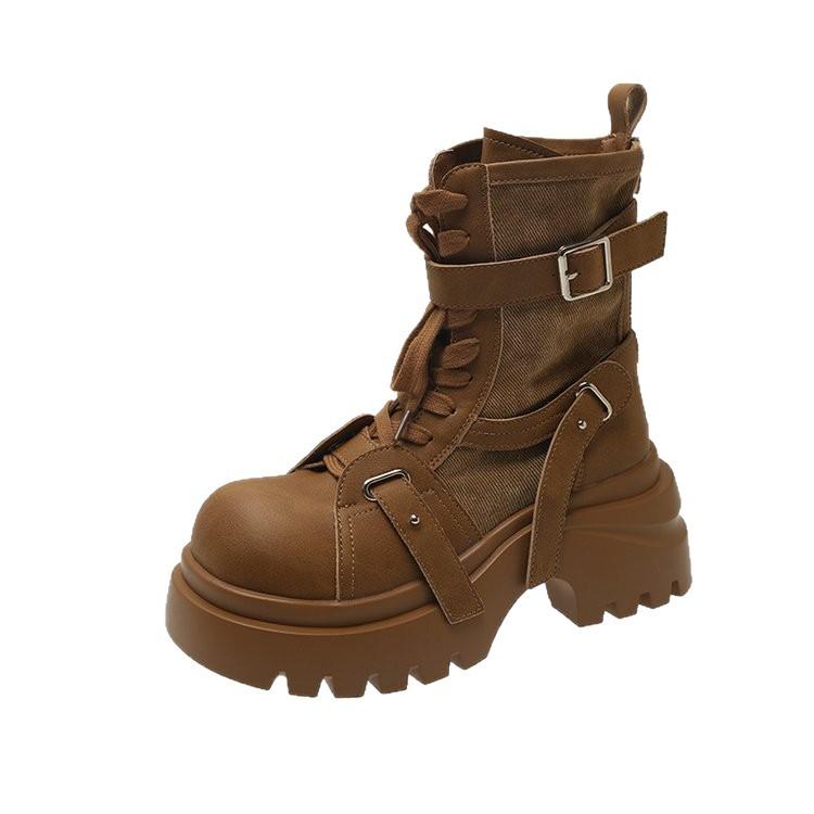 Martin Boots Damen ins super hot großer Kopf Denim Gürtelschnalle handsome kurze Stiefel dicksohlige Muffin Lokomotivstiefel Rhabarberstiefel