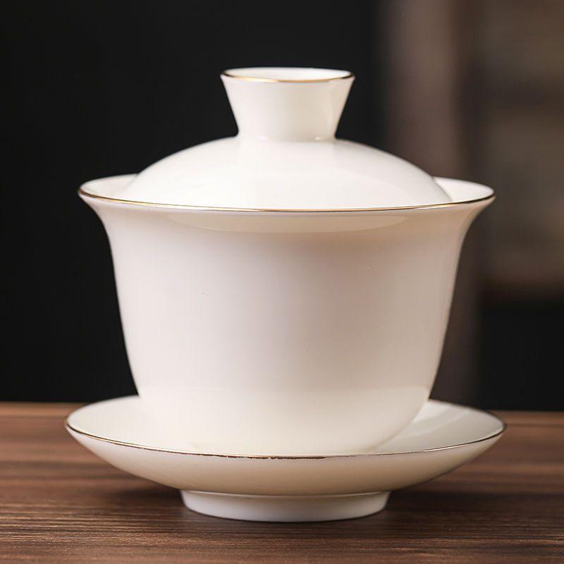 White Jade Porcelain Tea Bowl, Tea Cup and Saucer, Gaiwan, High-End Chinese Household Tea Set, Ceramic Puer Teacups, Tureen