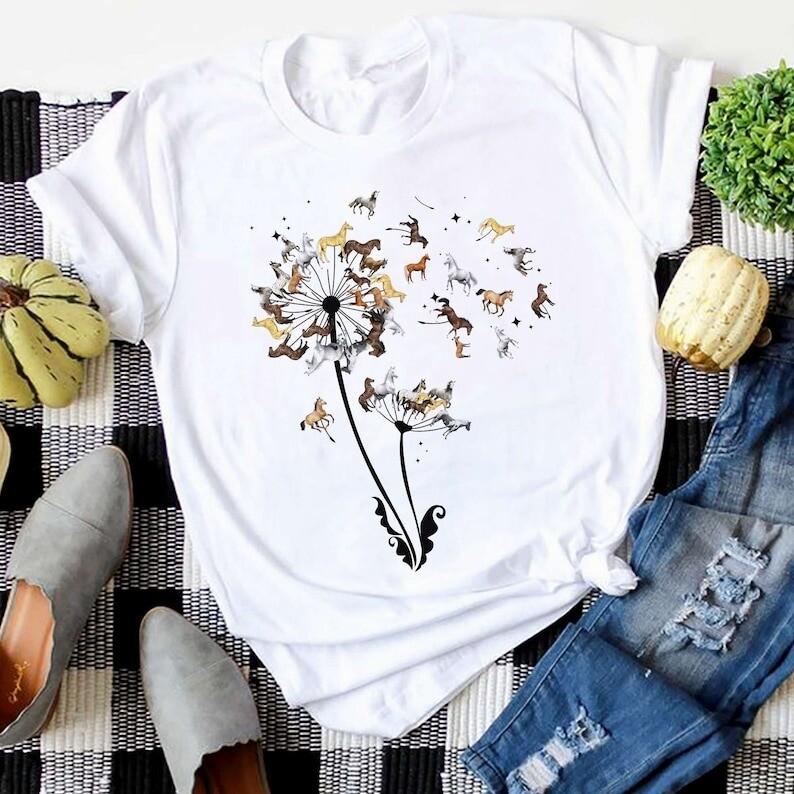 

Horse Lover T-Shirt, Horses Dandelion Flower Shirt, Dandelion Flower Blowing Hor XL