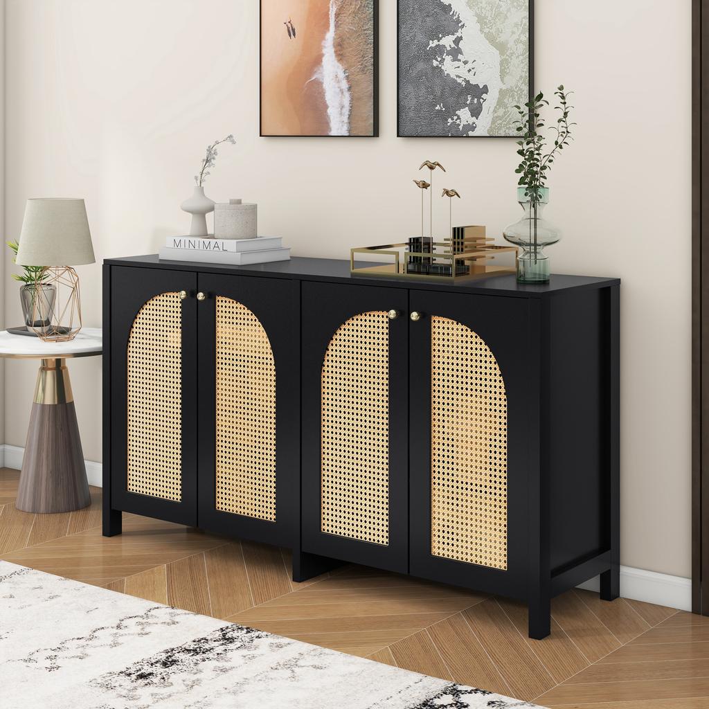Modern Sideboard In Minimalist Style 4-rattan Door, Metal Handle Simple Buffet Cabinet for Dining Room, Living Room, Kitchen (black)