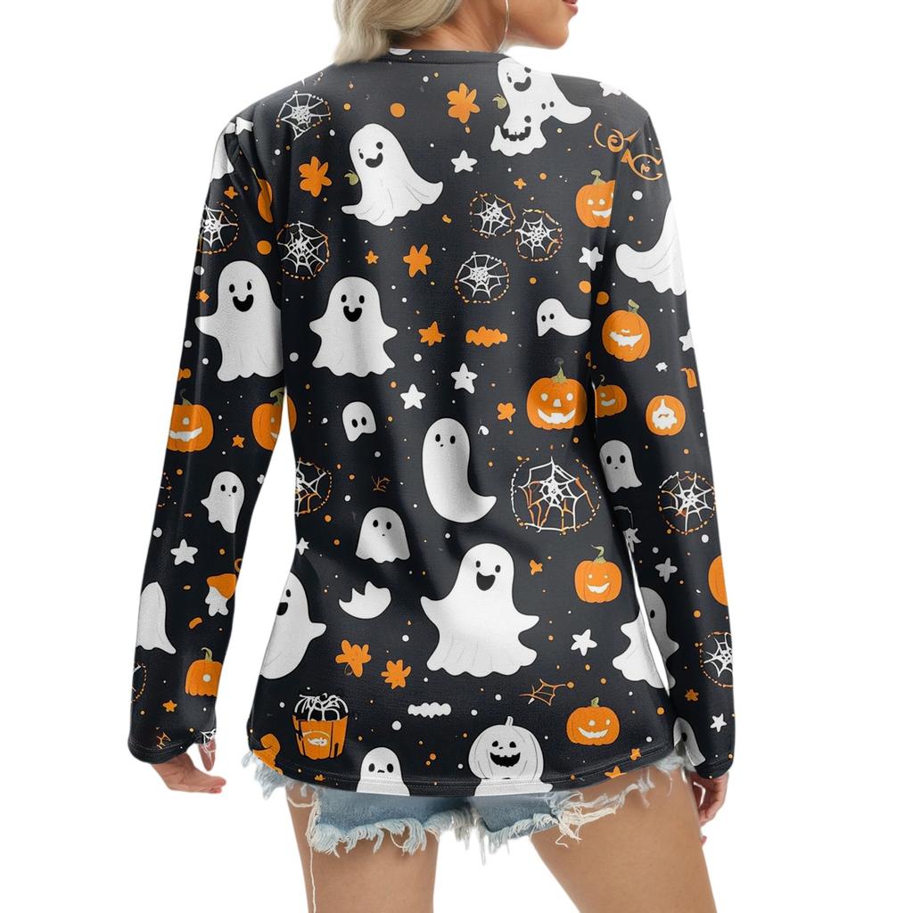 Women's Casual Fashion Sexy Comfort Halloween Printed V-Neck Button Long Sleeve