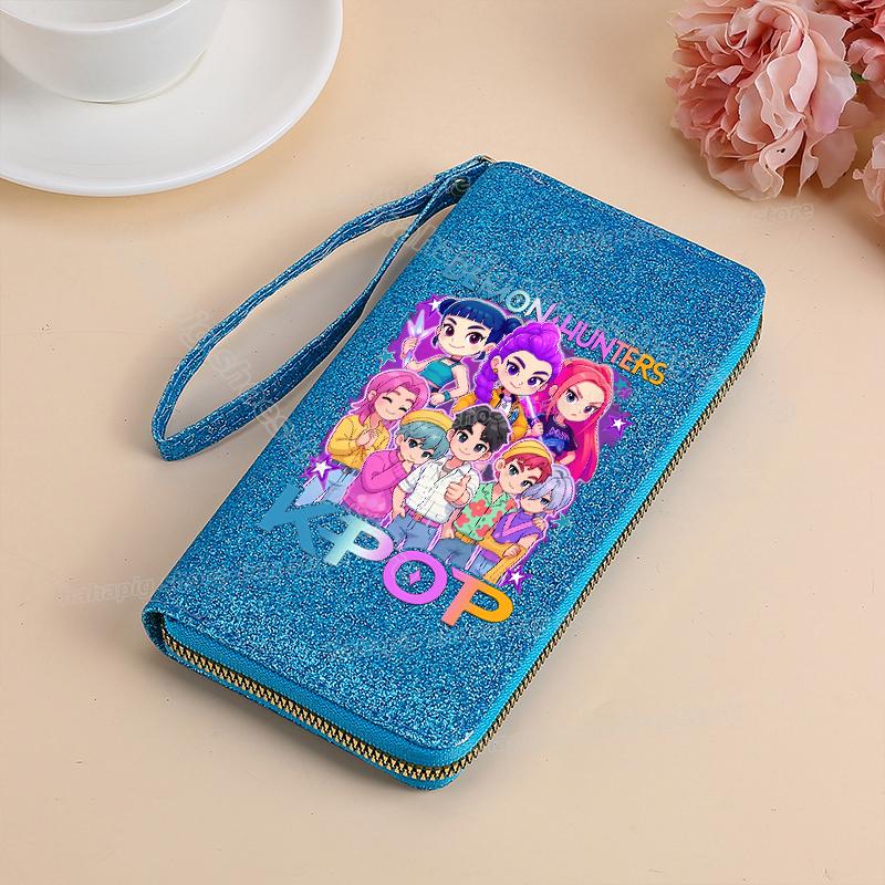 Vysoce kvalitní KPop Lovci démonů Dlouhá peněženka Dámské peněženky na zip Sequin Bling Koženka Kapsa na mince Držák na ID Kartu Dámské Clutch Peněženky
