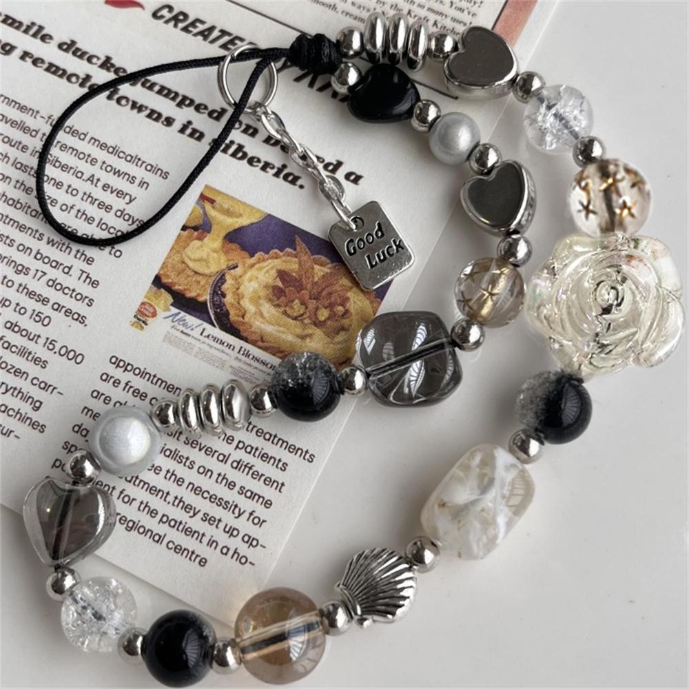 Y2K 3D Flower Black Phone Chain Trendy Pendant For iPhone Samsung Universal Accessories Cute Phone Hanging Rope For Girl Jewelry
