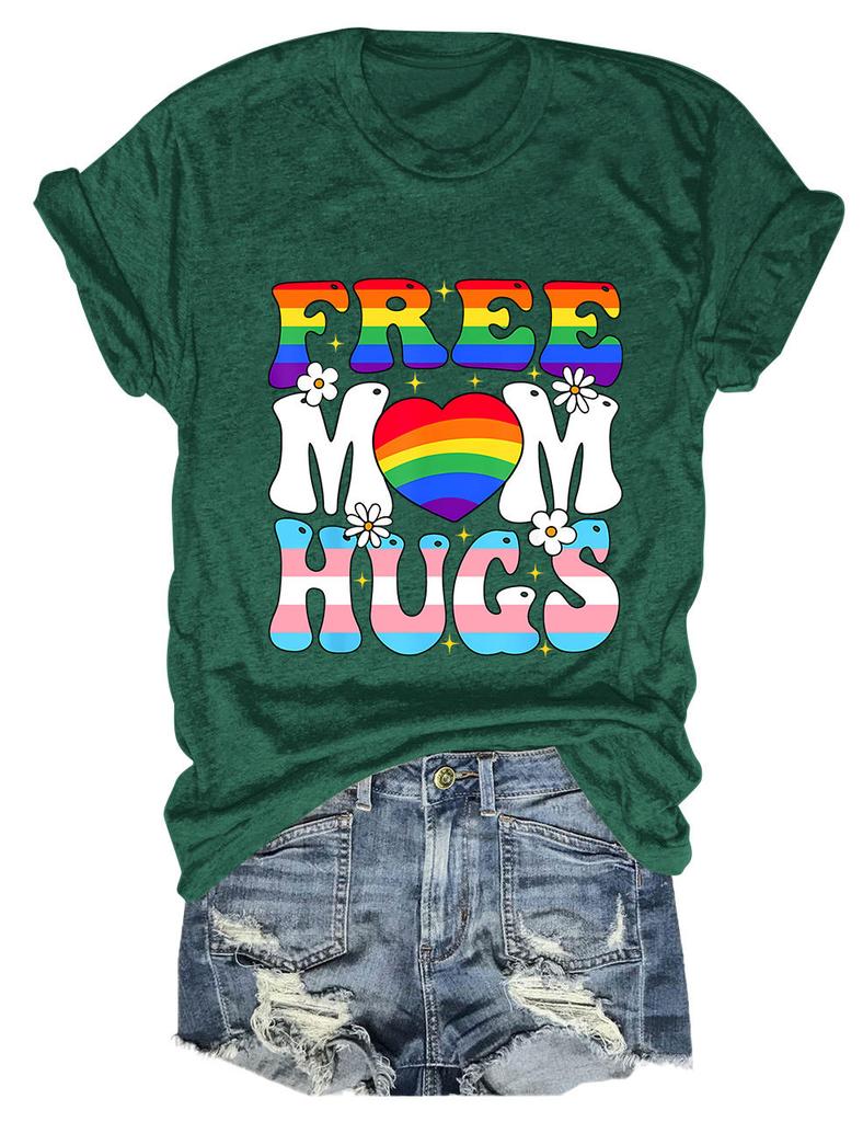 Summer New Shortsleeved Casual Tshirt Free Mom Hugs Print Loose Crew Neck Fashion Top Jumper