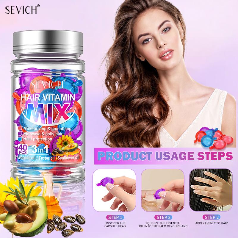 Lot de 40 capsules de vitamines pour cheveux, mélange d'huiles de traitement pour cheveux, réparation des cheveux abîmés, lisses, sérum de soin, complexe de kératine nourrissant